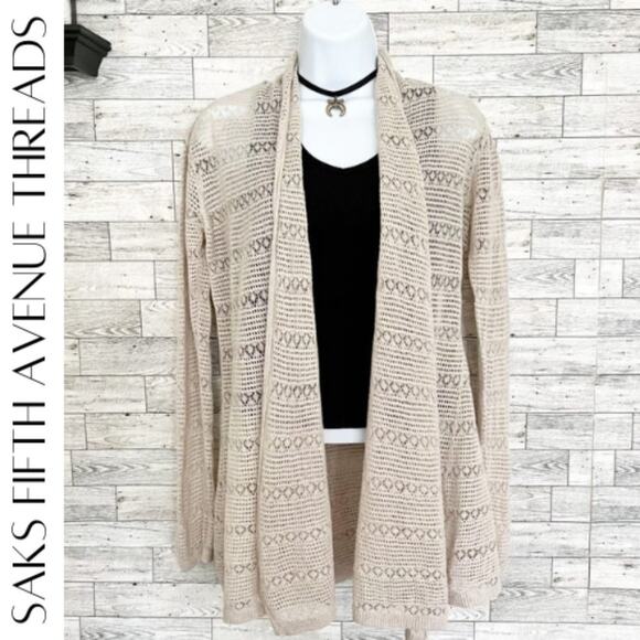 SAKS FIFTH AVENUE THREADS 100% Linen Ivory Crochet Knit Cardigan, S - Picture 1 of 10